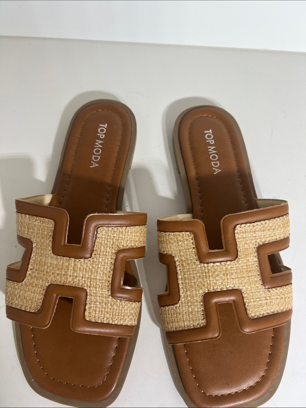 TOP Moda Tan and Beige Raffia-Trim Slide Mules - Picture 3 of 5